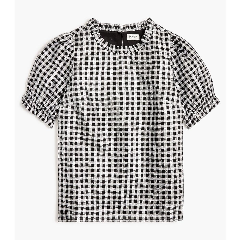 J. Crew Factory Black and White Gingham Puff-Sleeve Blouse